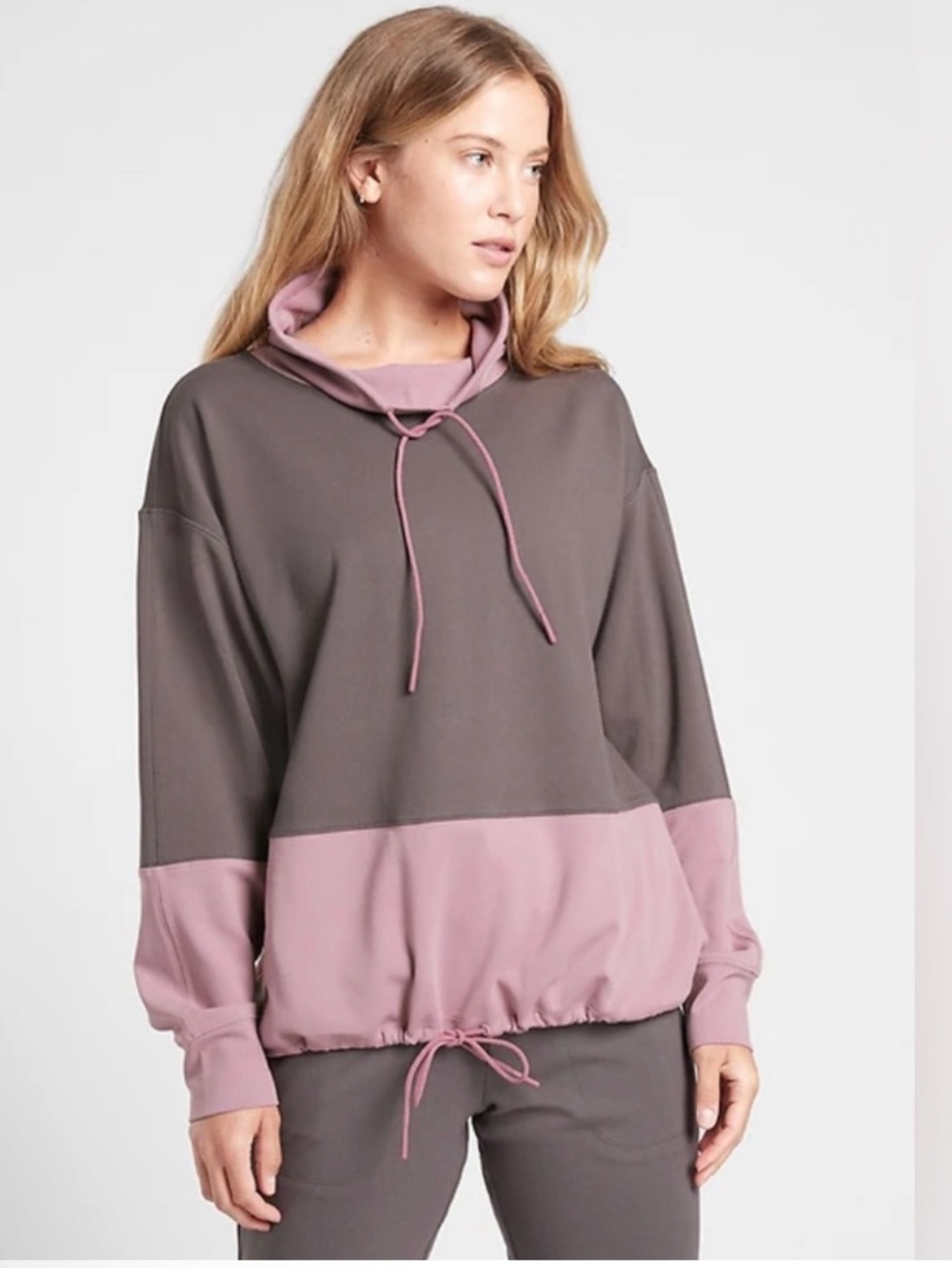 Athleta Two-Tone Pullover Hoodie in Taupe and Dusty Rose